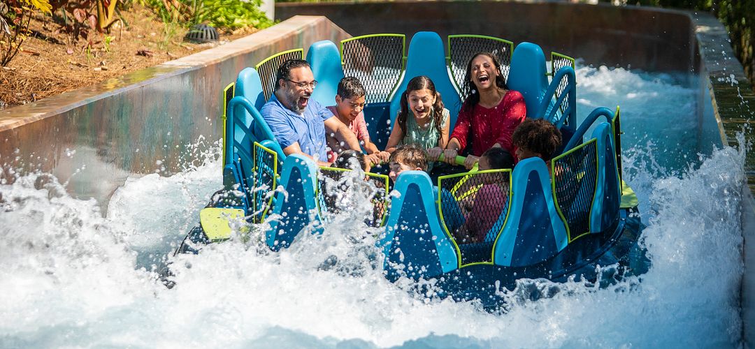 Infinity Falls, SeaWorld Orlando Family on Infinity Falls raft ride at SeaWorld Orlando.