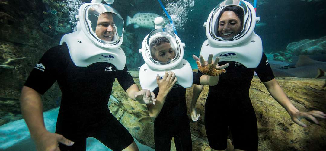 Seaventure at Discovery Cove A family with dive helmets exploring underwater with fish swimming in the foreground at Discovery Cove.