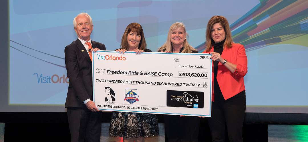 Cheque de Magical Dining Um cheque de Magical Dining beneficiando o Freedom Ride & BASE Camp. Na Visit Orlando, temos um compromisso com a comunidade.