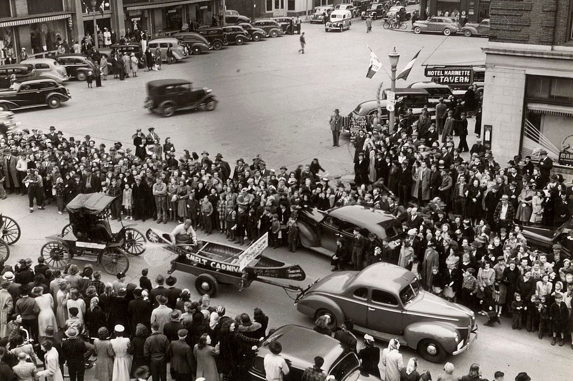 Historic photo of people at smelt festival in Marinette, Wisconsin