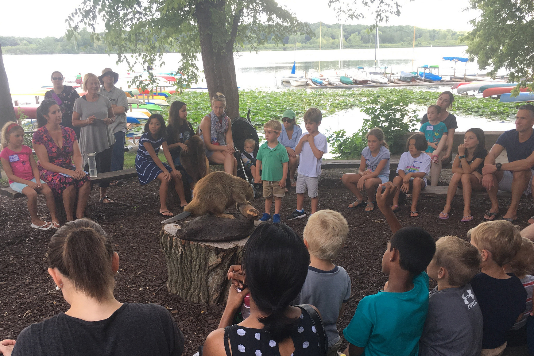 Group of children gathered around a stuffed beaver on a table