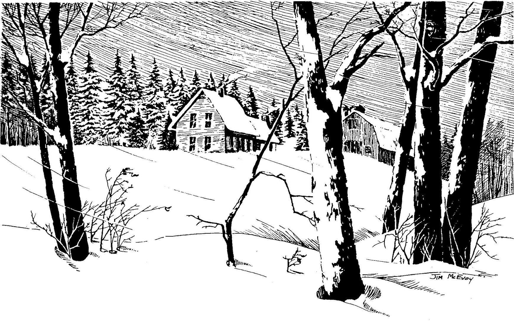 black and white drawing of a rural winter scene