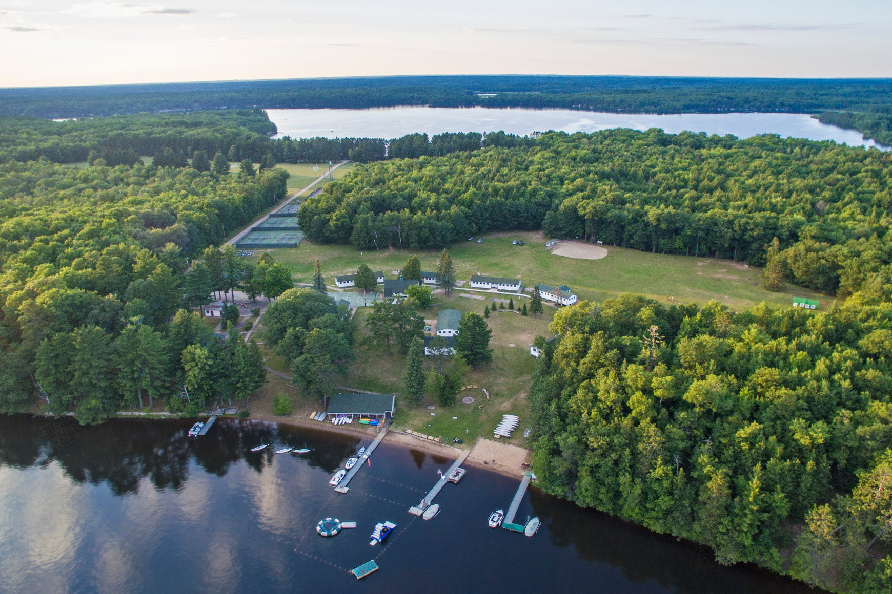 Overhead view of Camp Menominee on shore of Sand Lake in Eagle River, Wisconsin