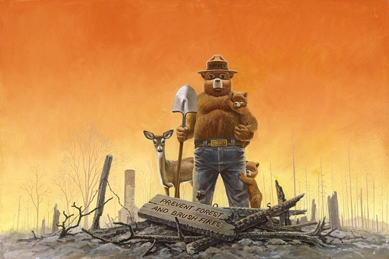 Illustration depicting Smokey Bear and other forest animals after a forest fire