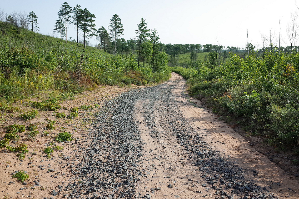 Gravel logging road through rugged terrain