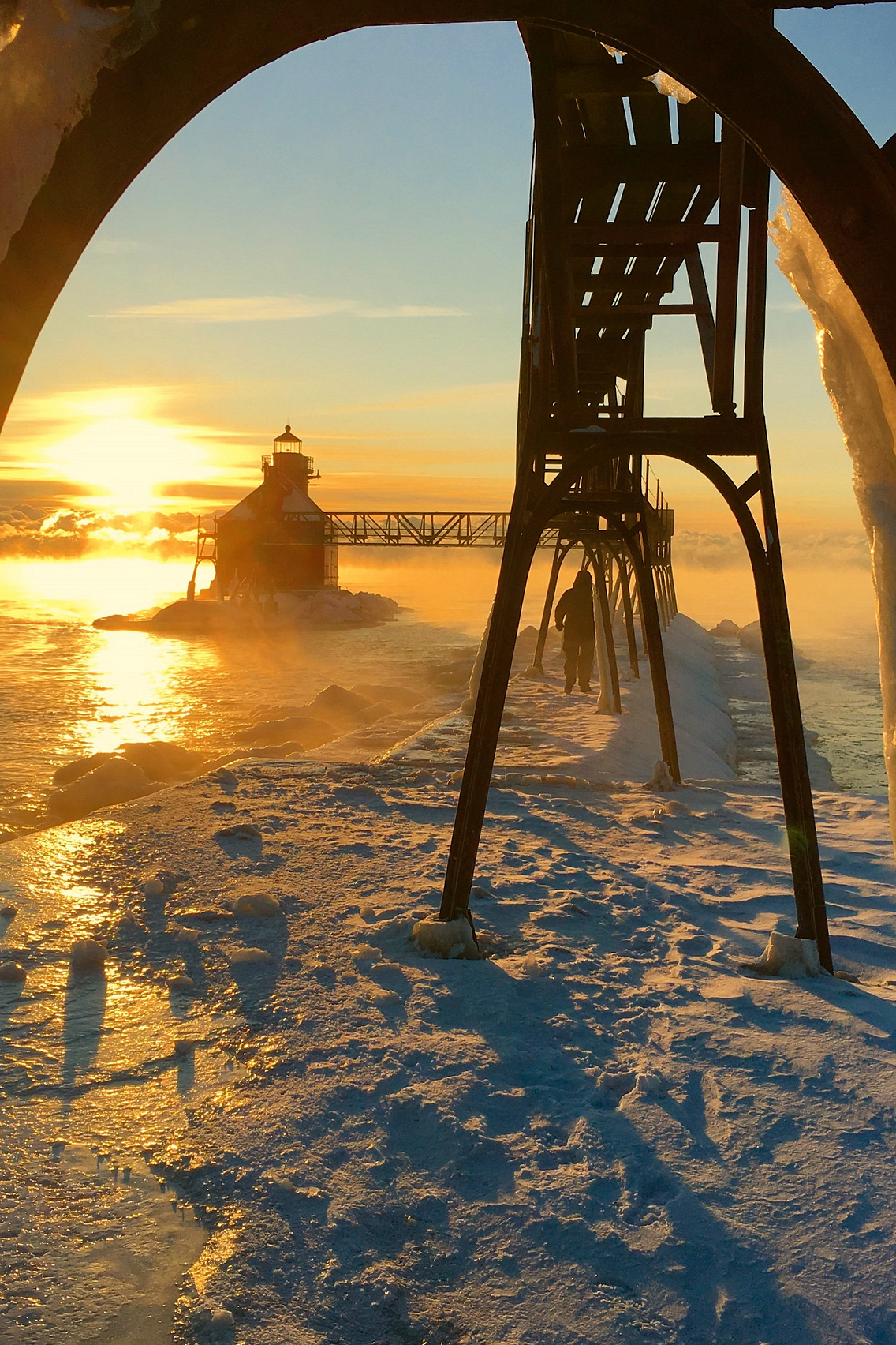 Door County's North Pierhead Light on a frigid winter day