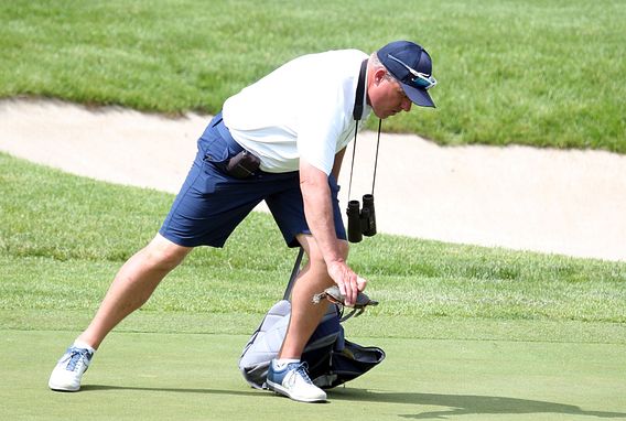 golfer moving turtle from putting green