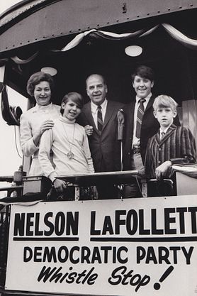 Gaylord Nelson and family on a whistle stop train tour during his 1968 campaign for U.S. Senate