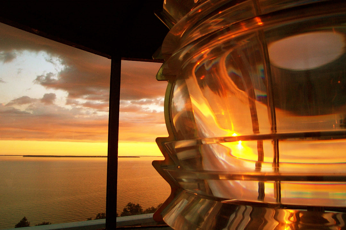 Close-up of lens in lantern room at Pottawatomie Lighthouse