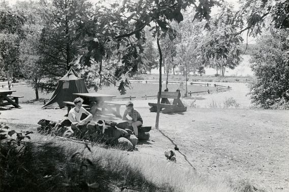 two boys at a campsite with canvas tent in 1941