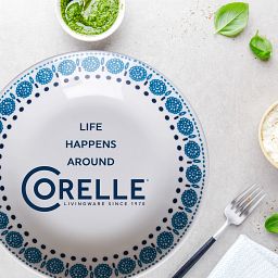 Azure Medallion 30-ounce Meal Bowls with Life Happens around Corelle text
