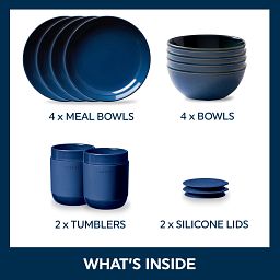 Stoneware Navy 10-piece Dinnerware Set with text and images of what's inside: meal bowls, cereal bowls and 2 tumblers with lids