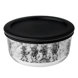 Day of the Dead 4-cup Glass Food Storage Container with food inside 