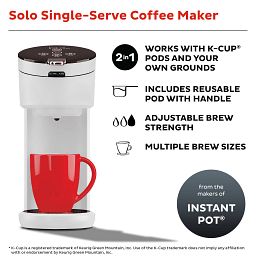 Instant Solo White Single Serve Coffee Maker with text single serve coffee maker