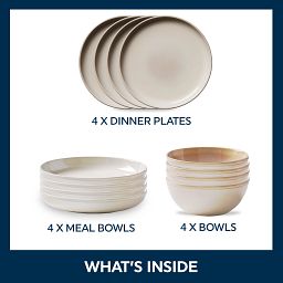 Photo of Stoneware Oatmeal plates & bowls with text: beautiful craftsmanship each pieceis thoughtfully handcrafted