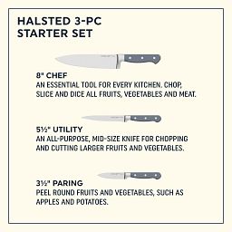 Halsted 3-piece Knife Set showing dimensions and uses for each knife