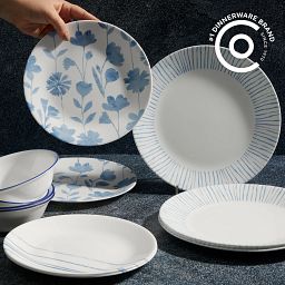 Botanical Stripes 12-pc Dinnerware Set on the table with text dishwasher, microwave & ovensafe plus stain resistant