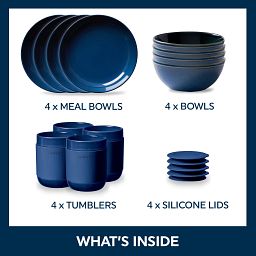 Navy Dinnerware pieces with Text that says: Built to last: Double bead edge design for strength and durability