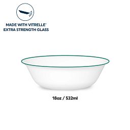 Solar Print 18-ounce white cereal bowl with green rim; text that says made with vitrelle extra strength glass