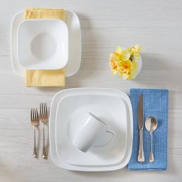 Square™ Pure White Dinner plates, bowls, mug on the table 