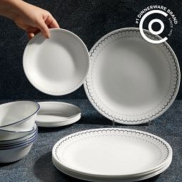 Caspian Lace dinner plate with text the scalloped details of airy cottage textiles inspire dinnerware that charms