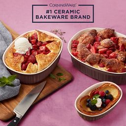 French Colors 6-piece Bakeware Set, Cabernet with food inside and text on photo #1 ceramic bakeware brand