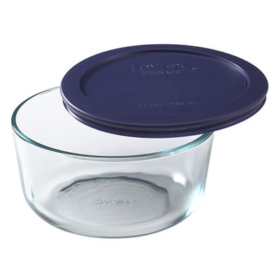 Clear Case of 4 Containers Pyrex Storage 4-Cup Round Dish with Dark Blue Plastic Cover 