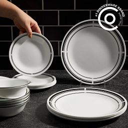 Brasserie dinnerware set on tabletop with text dishwasher, microwave and oven safe plus stain resistant