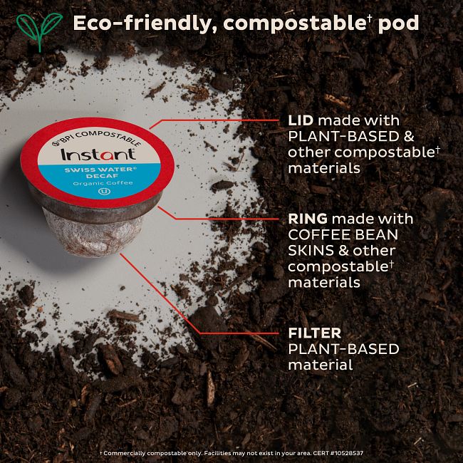 Instant® Compostable Coffee Pods, Swiss Water® Decaf, Medium Roast, 30 pods