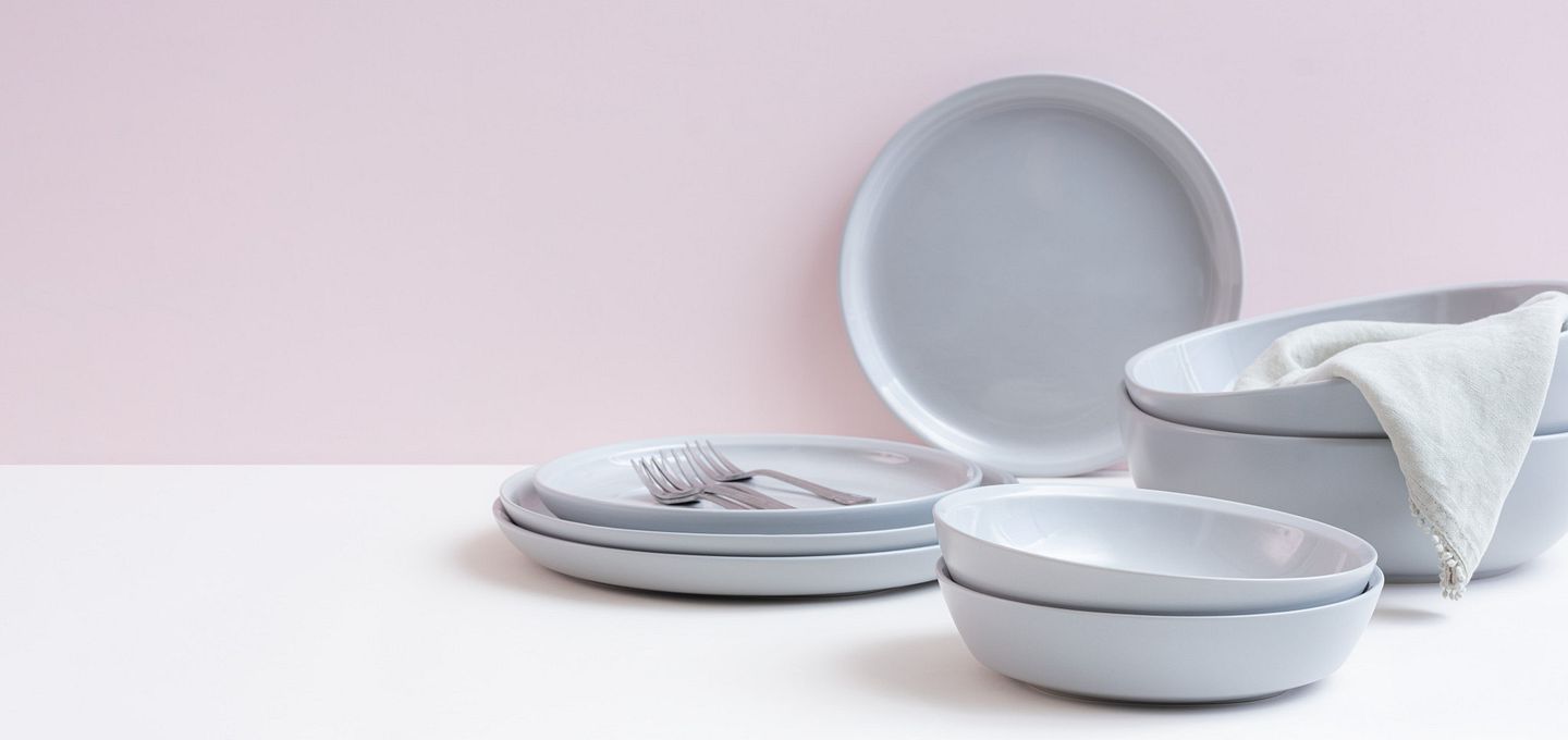 Corningware dinnerware in truffle color (light grey)
