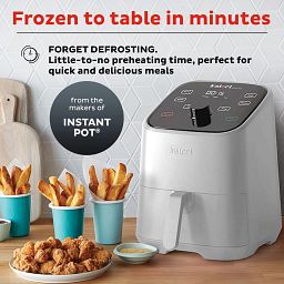Instant™ Vortex™ Mini 2-quart Air Fryer, White with text Frozen to table in minutes