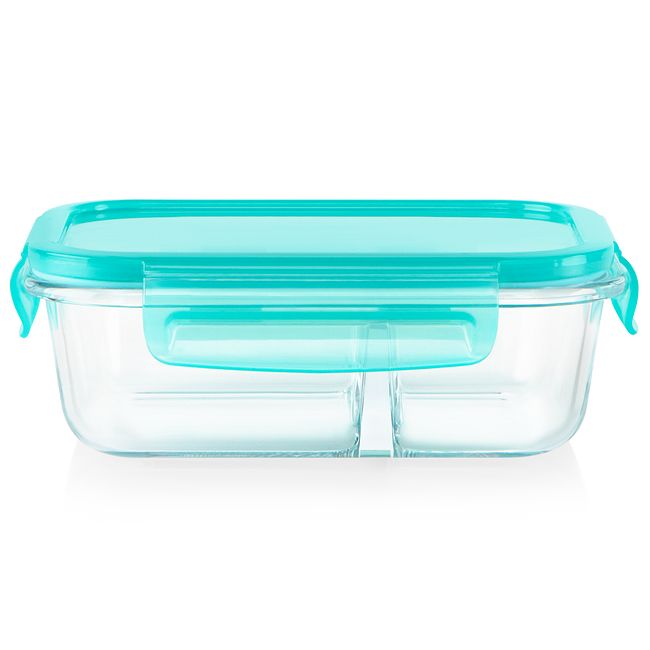 MealBox™ 2.1-cup Divided Glass Food Storage Container with Turquoise Lid
