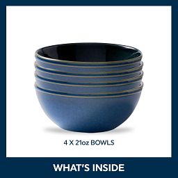 Stoneware 21-ounce Bowls, Navy, 4-pack with text 'What's inside, 4 times meal bowls