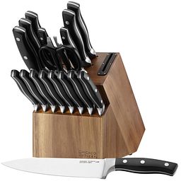Insignia Classic 18-pc Knife Set with Block with Built-In Sharpener with chef knife laying in front of set