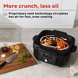 Instant® Indoor Grill and Air Fryer with text more crunch, less oil
