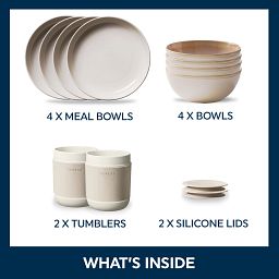 Stoneware Oatmeal 12-piece Dinnerware Set - includes tumblers with text built to last