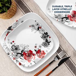 Chelsea Rose Dinner & Salad Plate on table with text durable triple layer vitrelle dinnerware