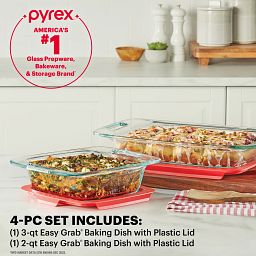 Easy Grab bakeware with text Pyrex Americas #1 glass prepware, bakeware & storage brand