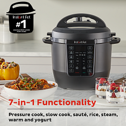 Instant Pot Duo 6-quart Multi-Use Pressure Cooker with text Safe steam release