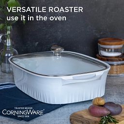 French White® 5.7-qt Cast Aluminum Roaster with text " fast, even cooking, pro-grade cast aluminum heats quickly"