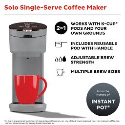 Instant Gray Solo Single Serve Coffee Maker with text single serve coffee maker