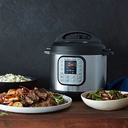 Duo mini lifestyle images - instant pot on the counter with food on plates