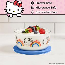 4-cup Round Glass Storage: Hello Kitty Rainbows with strawberries inside and text 4-cup round storage