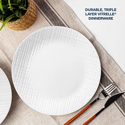 Linen Weave dinner plate on the table with text durable triple layer Vitrelle dinnerware