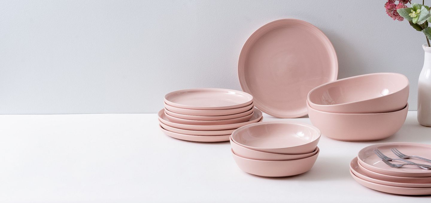 CW Dinnerware by Corningware shown in a light pink color called blush