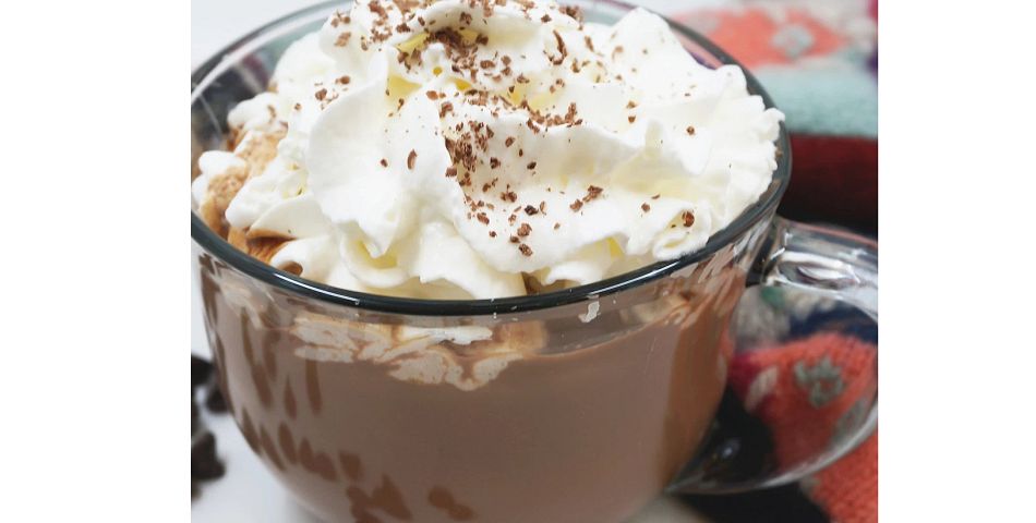 Ace Blender Gourmet Hot Chocolate in a cup with whipped cream on top
