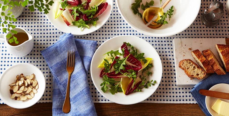 Winter Frost White dinnerware set featuring brightly colored salad