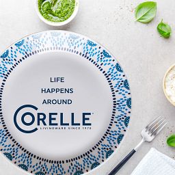 Everyday Expressions Glass Azure Medallion 10.5" Dinner Plate with text life happens around Corelle