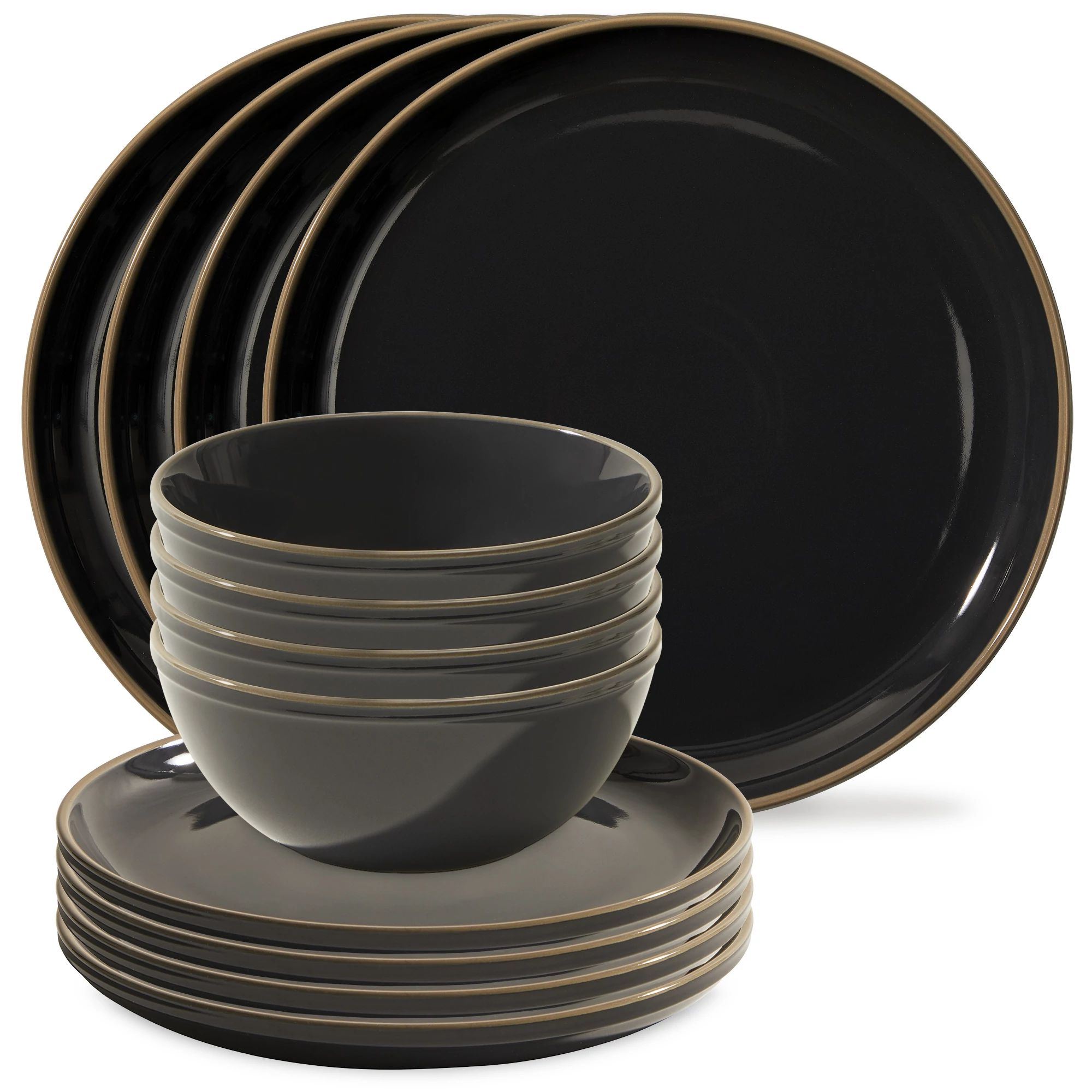 Matte Black Porcelain Dinnerware Set 12 Piece Service for 4, Dishes, Round Plates, Bowls, Golden Rim Dish Set for Home Decor