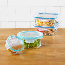 Pyrex with text Easy-peasy cleaning, Glass is dishwasher safe, lids top rack
